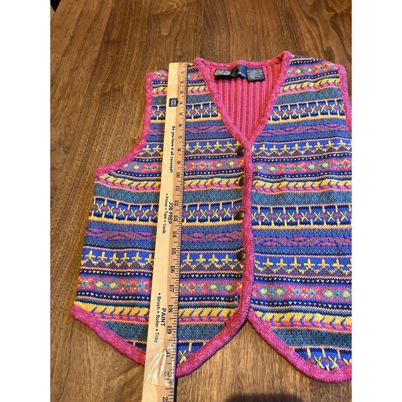 Lizwear Medium Blue Pink Knit Sweater Vest Geometric Pattern Cotton Wool Cottage - Picture 7 of 7